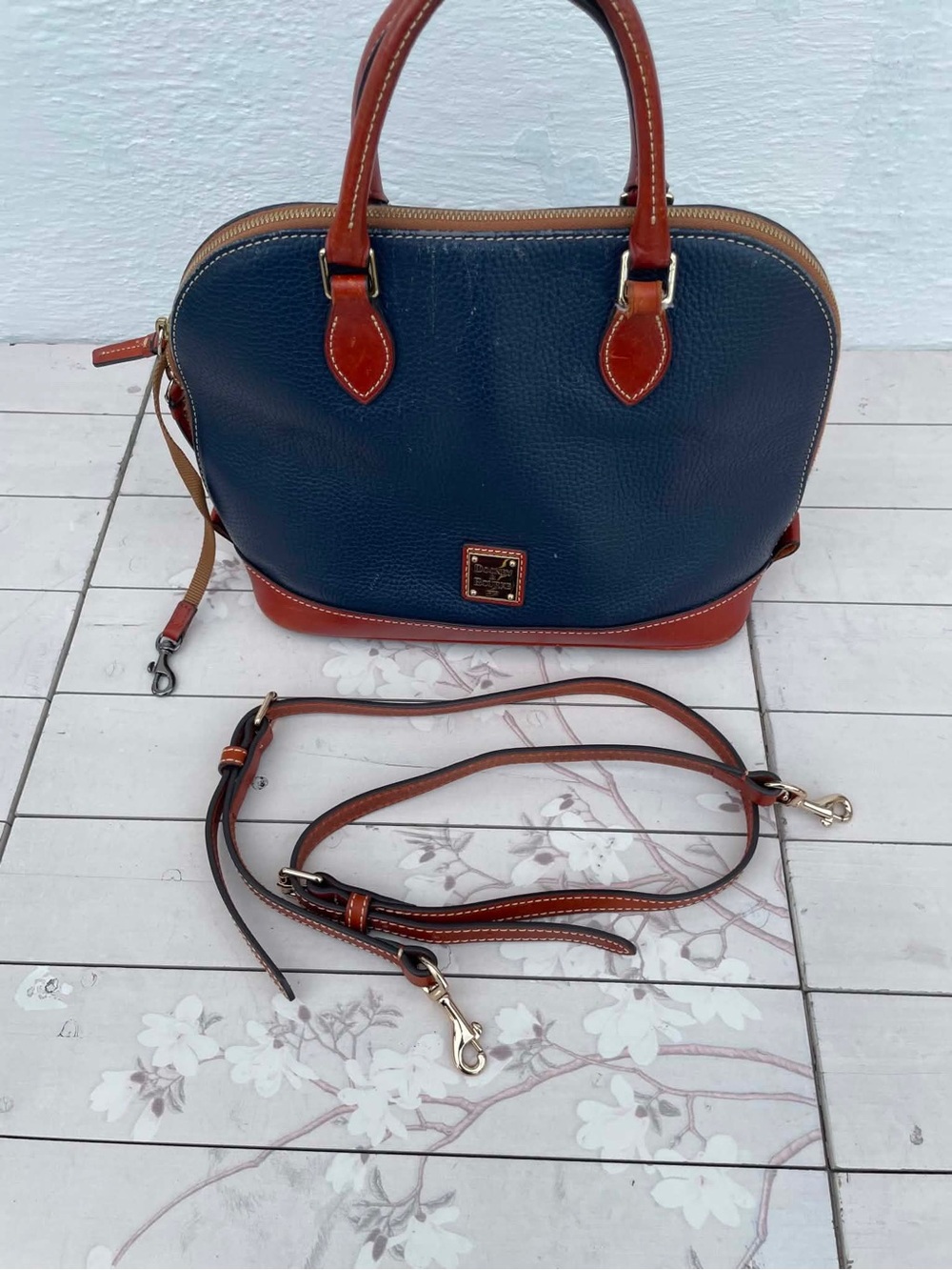 Dooney & Bourke Navy Pebble Leather Satchel with Brown Trim and Strap - Picture 9 of 14